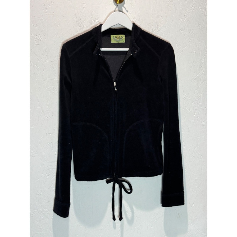 Vintage Juicy Couture Black Velour Zip Up Jacket Green Tag Y2K Large 10531